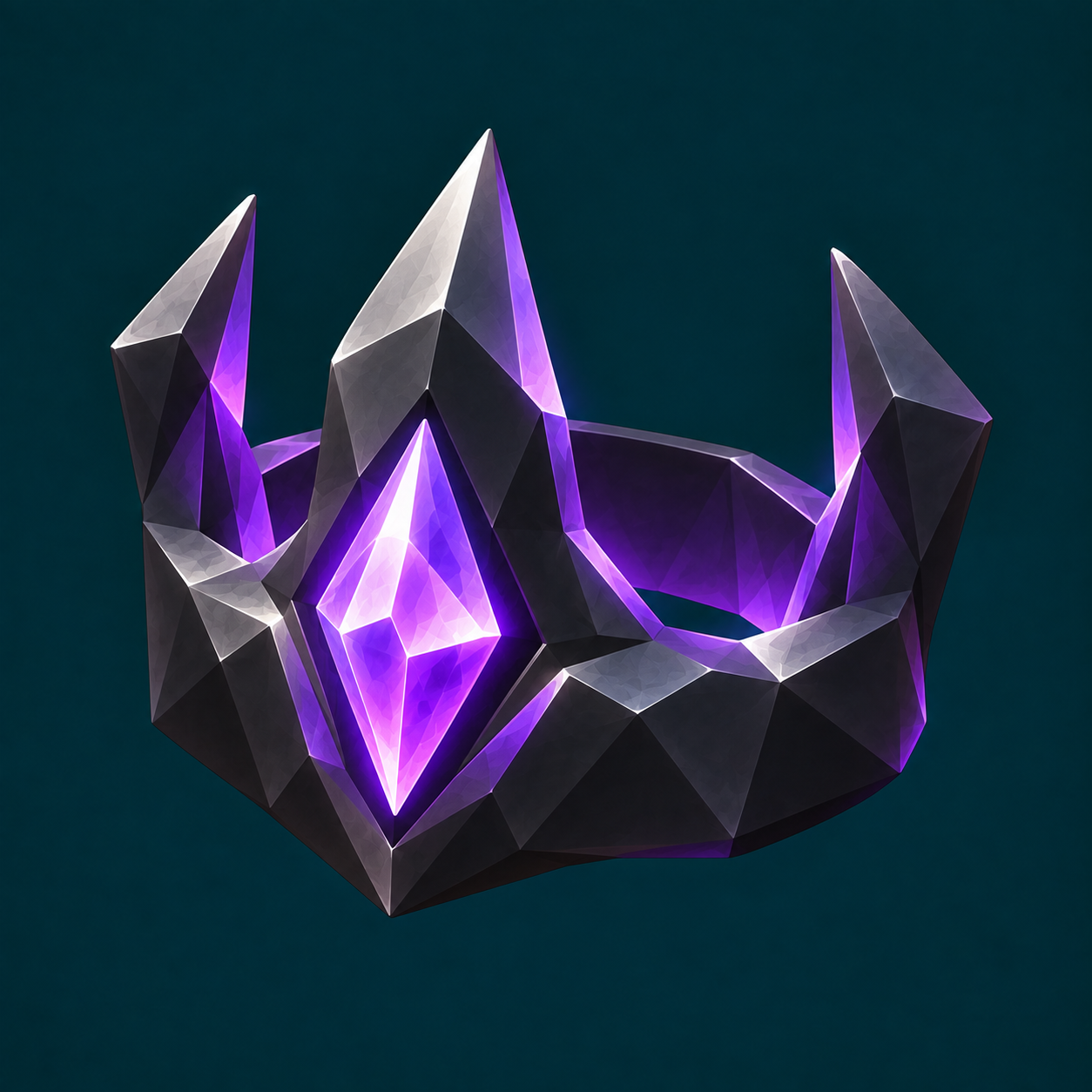 An angular obsidian crown set with a glowing purple crystal
